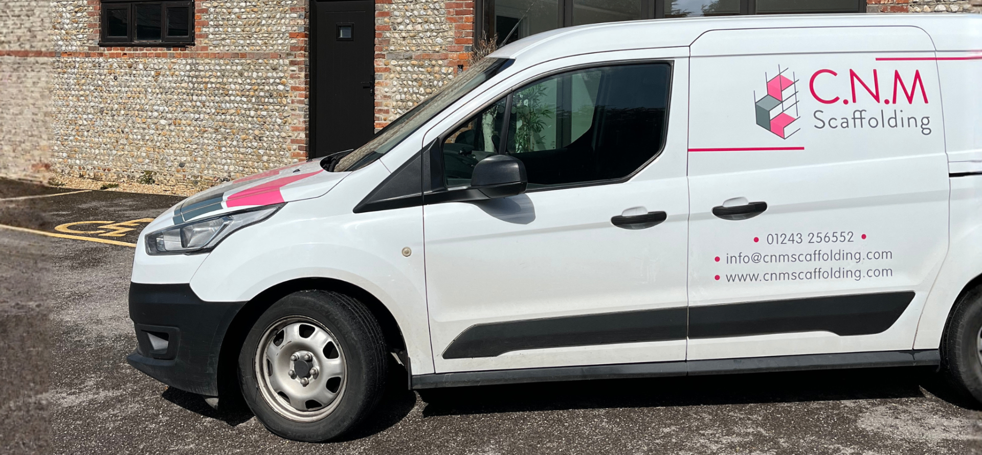 C.N.M Scaffolding branded van parked at Oving base covering scaffolding service areas across West Sussex, East Sussex, Hampshire and Surrey
